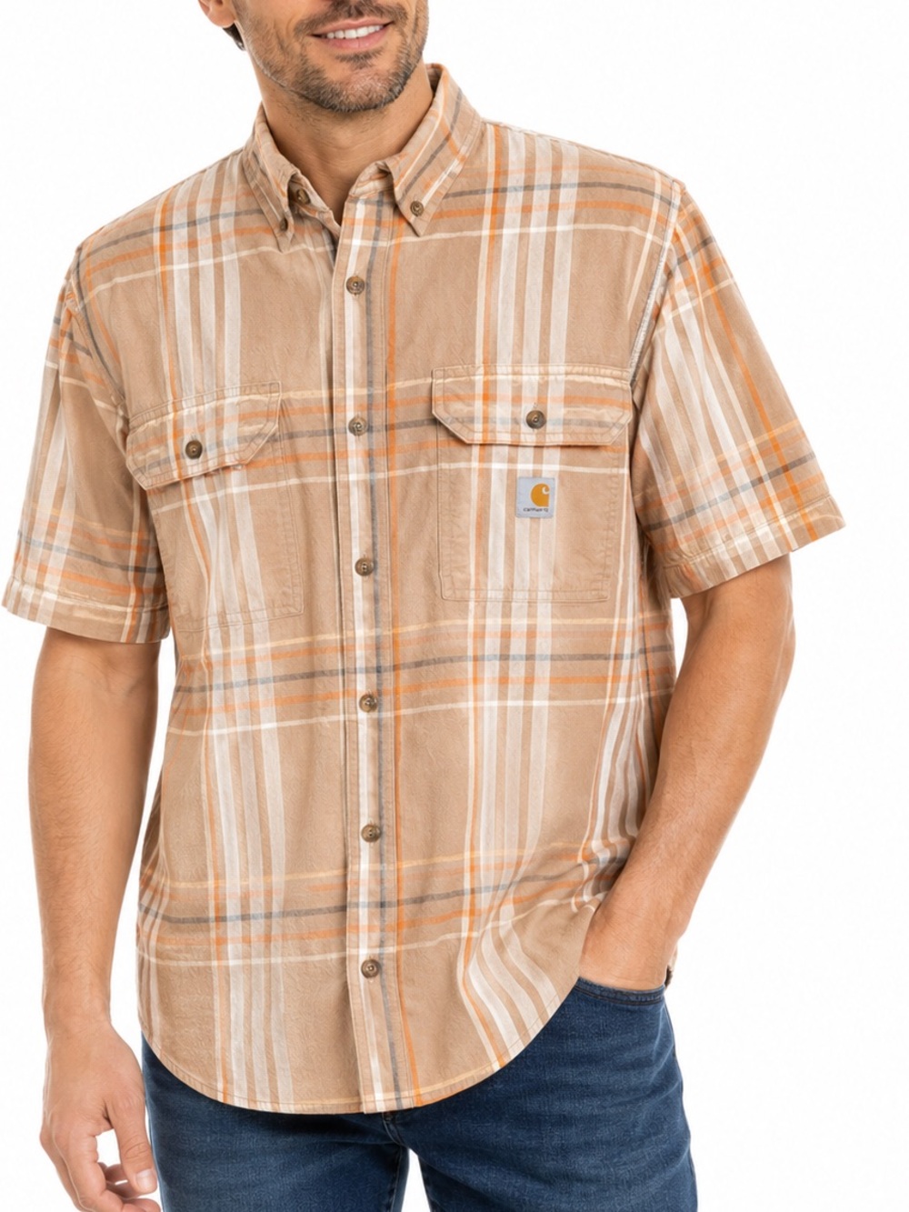Carhartt Short-Sleeve Plaid Button-Down Shirt in Tan, White & Orange